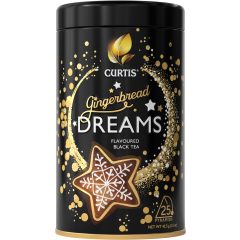   Curtis Mézeskalács-álmok, fekete tea mézeskalács-ízzel, narancshéjjal és fahéjjal, 25 piramis-filter fémdobozban
