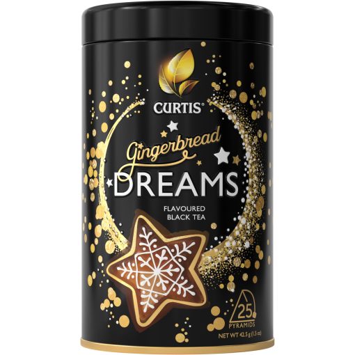 Curtis Mézeskalács-álmok, fekete tea mézeskalács-ízzel, narancshéjjal és fahéjjal, 25 piramis-filter fémdobozban